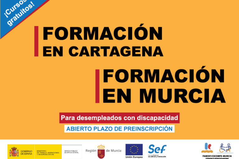 Portada para noticia sobre cursos de formación 2020 en FAMDIF Portada con fondo naranja para anunciar cursos de formación en FAMDIF Cartagena y Murcia