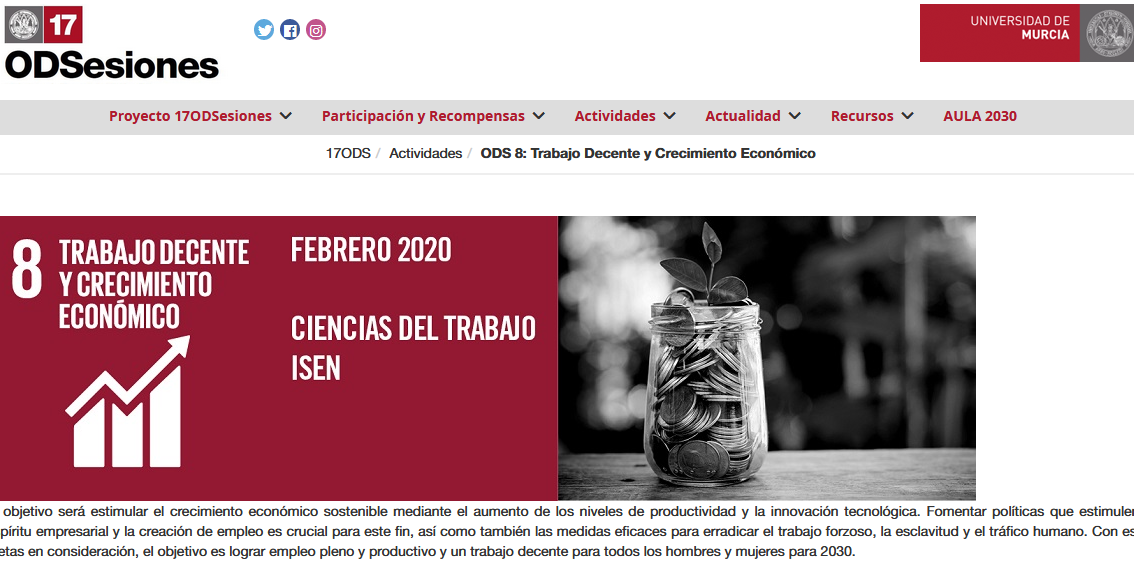 pORTADA CAPTURA DE PANTALLA PÁGINA umu CON EL ods 8. Captura de pantalla de la página principal de la UMU donde aparece el programa del ODS 8.