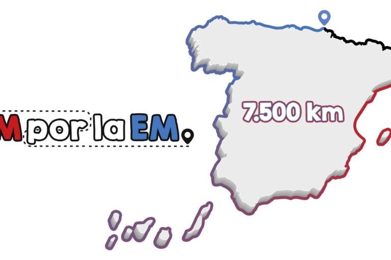 Cartel campaña KM por la EM Cartel con la frase KM por la EM con un mapa de España y el número 7.500 km.