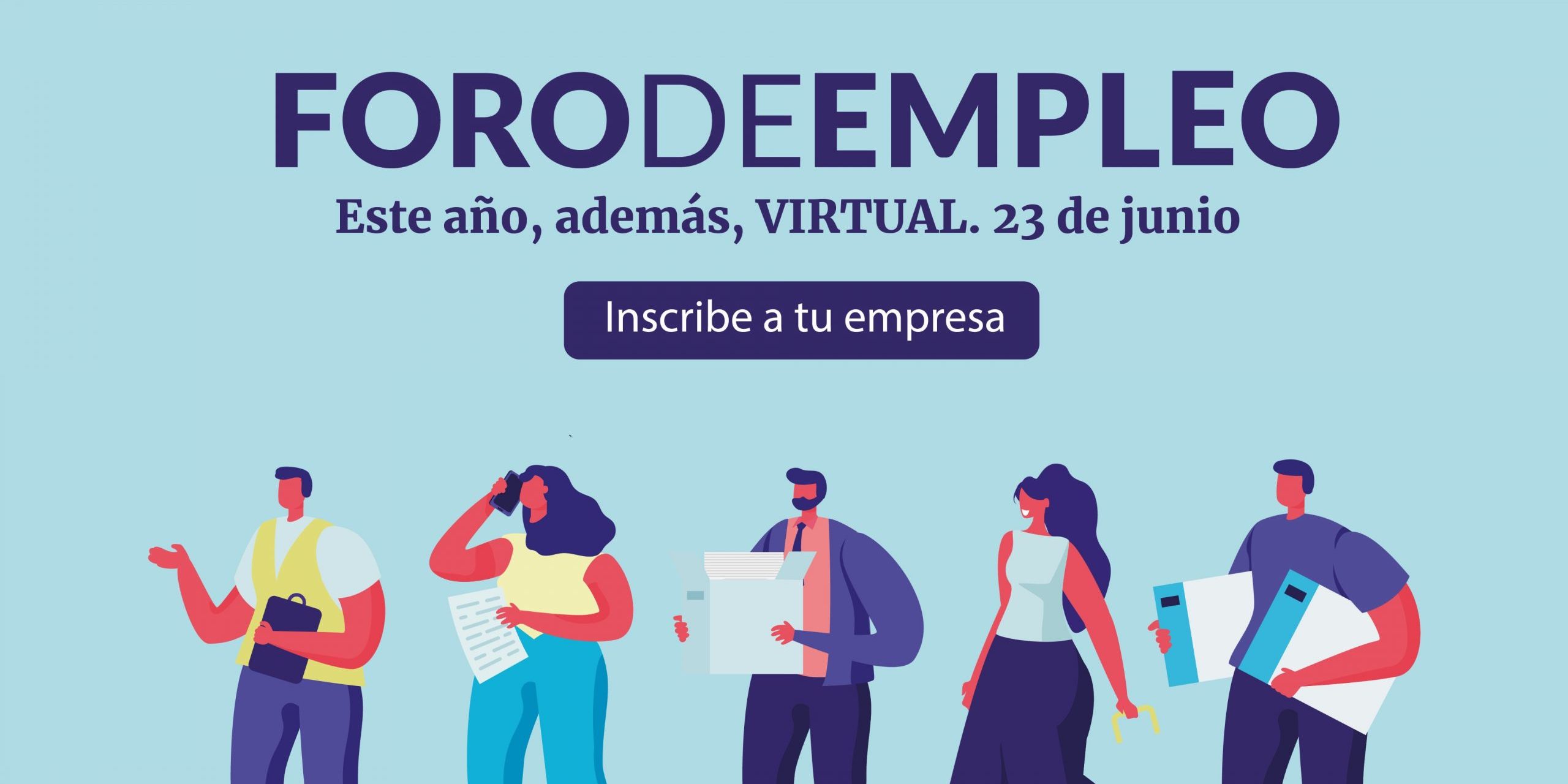 Cartel en tonalidades azules con el título: Foro de Empleo virtual el 23 de junio