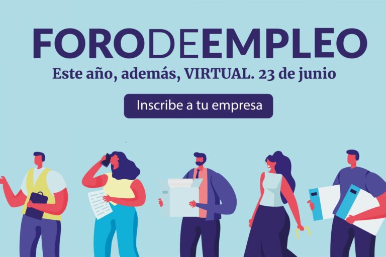 Cartel Foro de Empleo Virtual ENAE Cartel en tonalidades azules con el título: Foro de Empleo virtual el 23 de junio