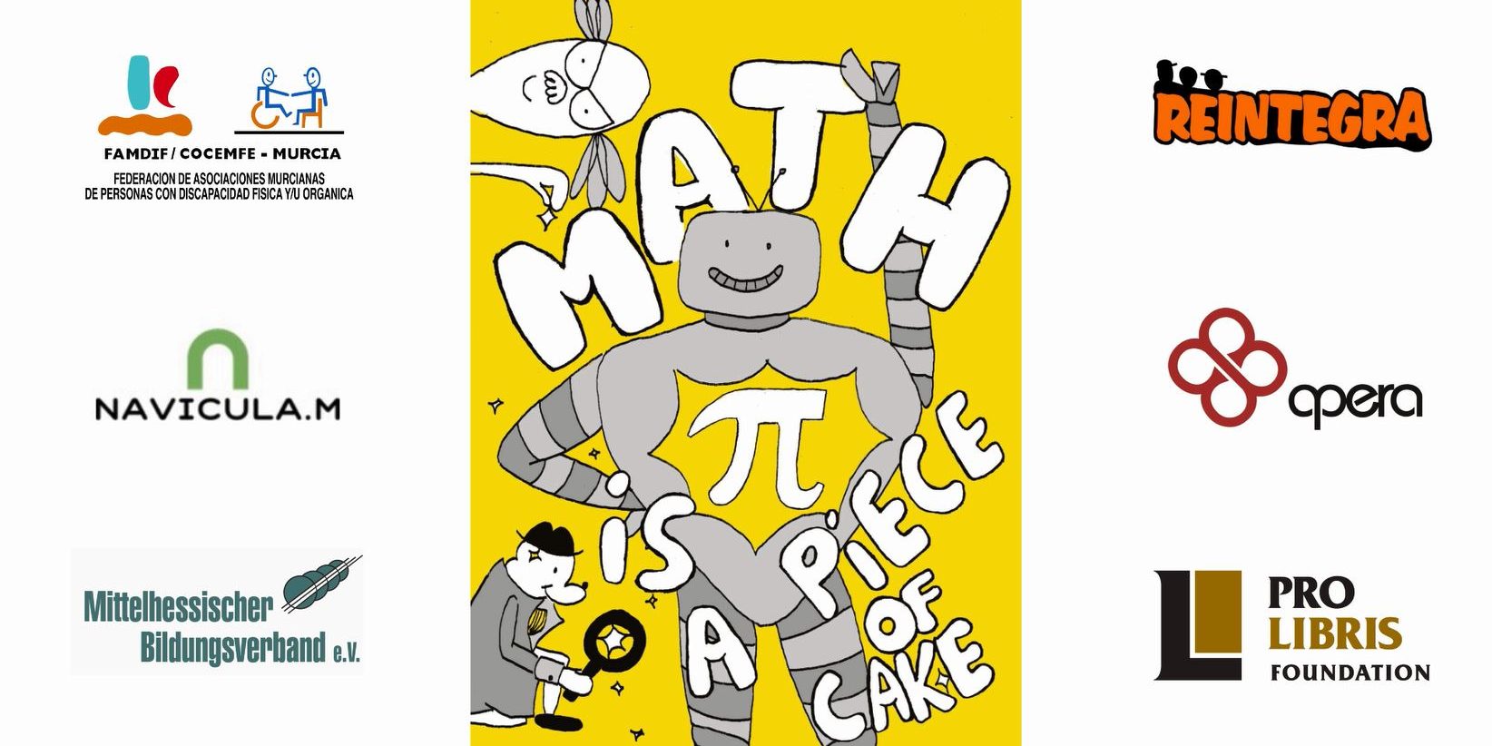 M4A portada noticia Portada del cómic Math for Adult en color amarillo y los logos de las seis entidades colaboradoras.