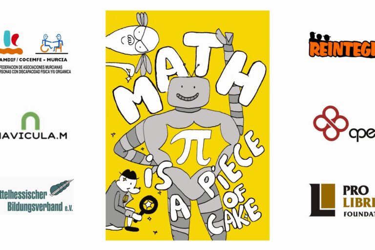 M4A portada noticia Portada del cómic Math for Adult en color amarillo y los logos de las seis entidades colaboradoras.