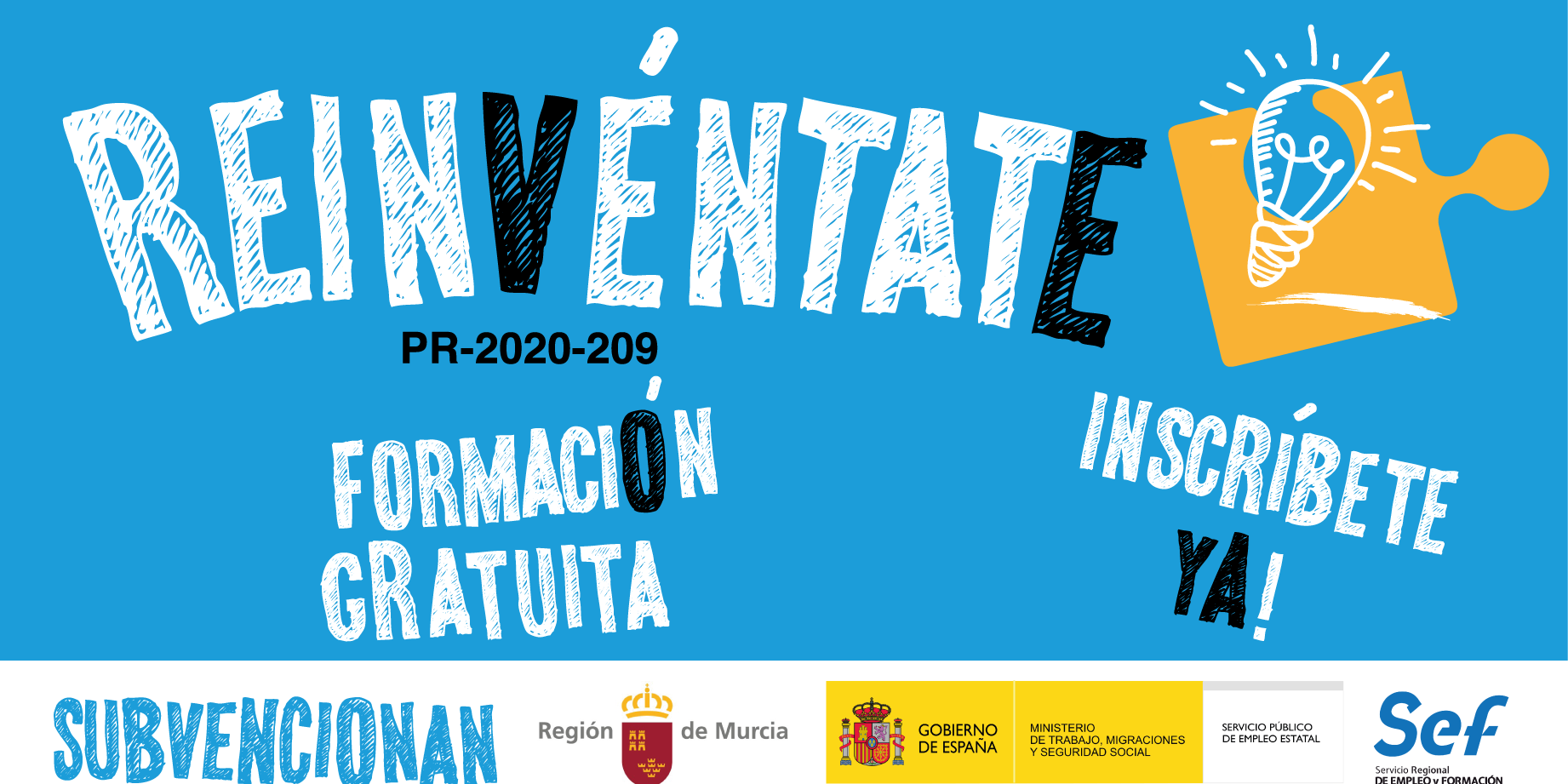 Proyecto formativo: REINVNÉNTATE. Cartel azul y blanco con la tipografía oficial.