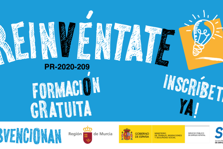 Reinvéntate Proyecto formativo: REINVNÉNTATE. Cartel azul y blanco con la tipografía oficial.